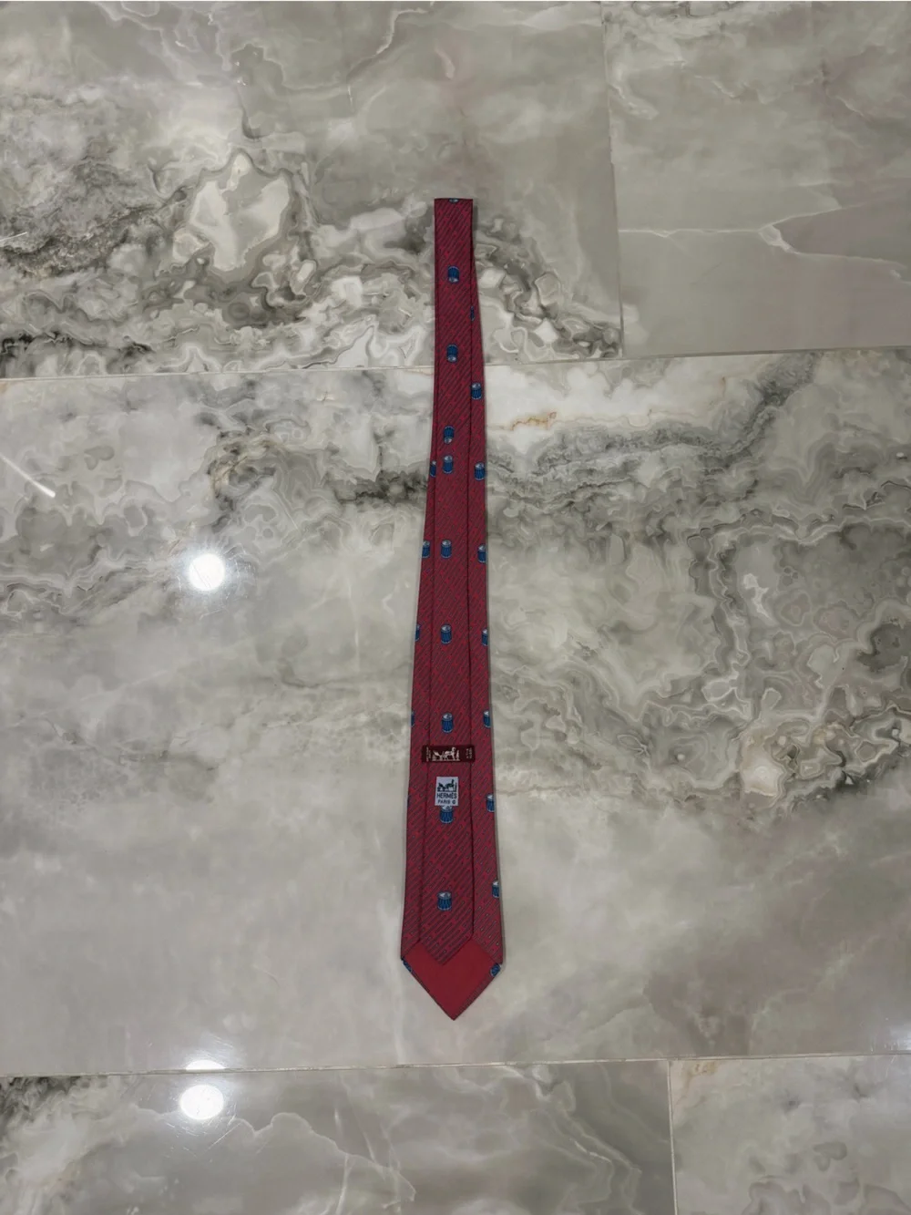 Hermès Paris 100% Silk Tie Red Blue Drum Motif Novelty Print Made in France